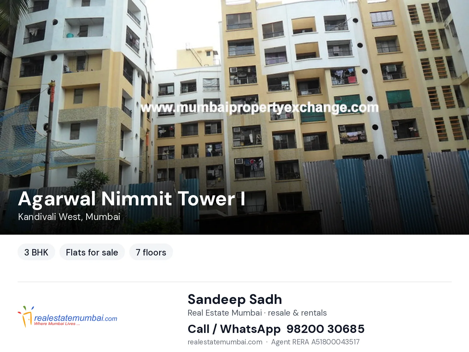 Agarwal Nimmit Tower I, Kandivali West, Mumbai — 3 BHK flats for sale | Real Estate Mumbai, Sandeep Sadh 98200 30685
