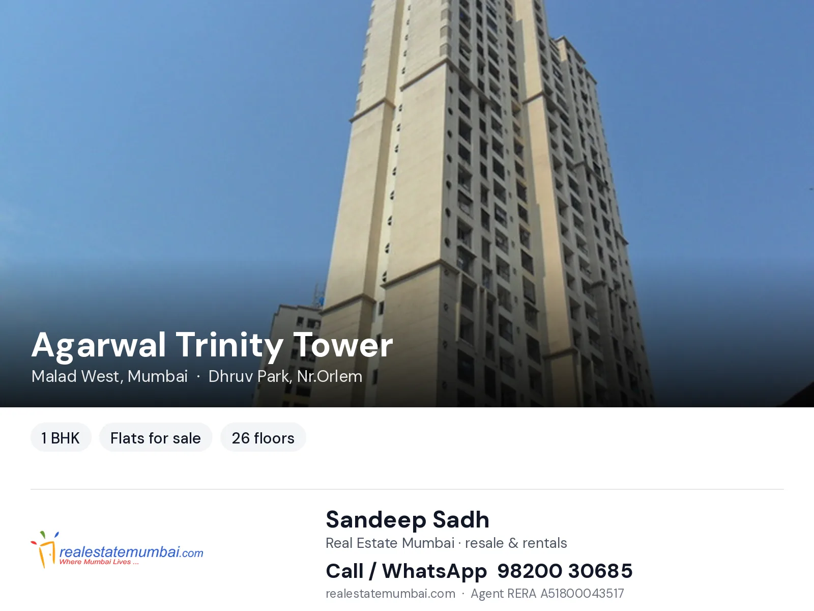 Agarwal Trinity Tower, Malad West, Mumbai — 1 BHK flats for sale | Real Estate Mumbai, Sandeep Sadh 98200 30685