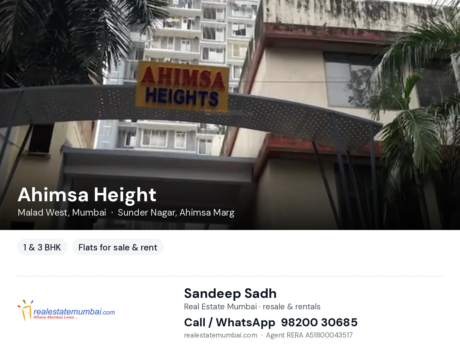 Ahimsa Height, Malad West, Mumbai — 1 & 3 BHK flats for sale & rent | Real Estate Mumbai, Sandeep Sadh 98200 30685