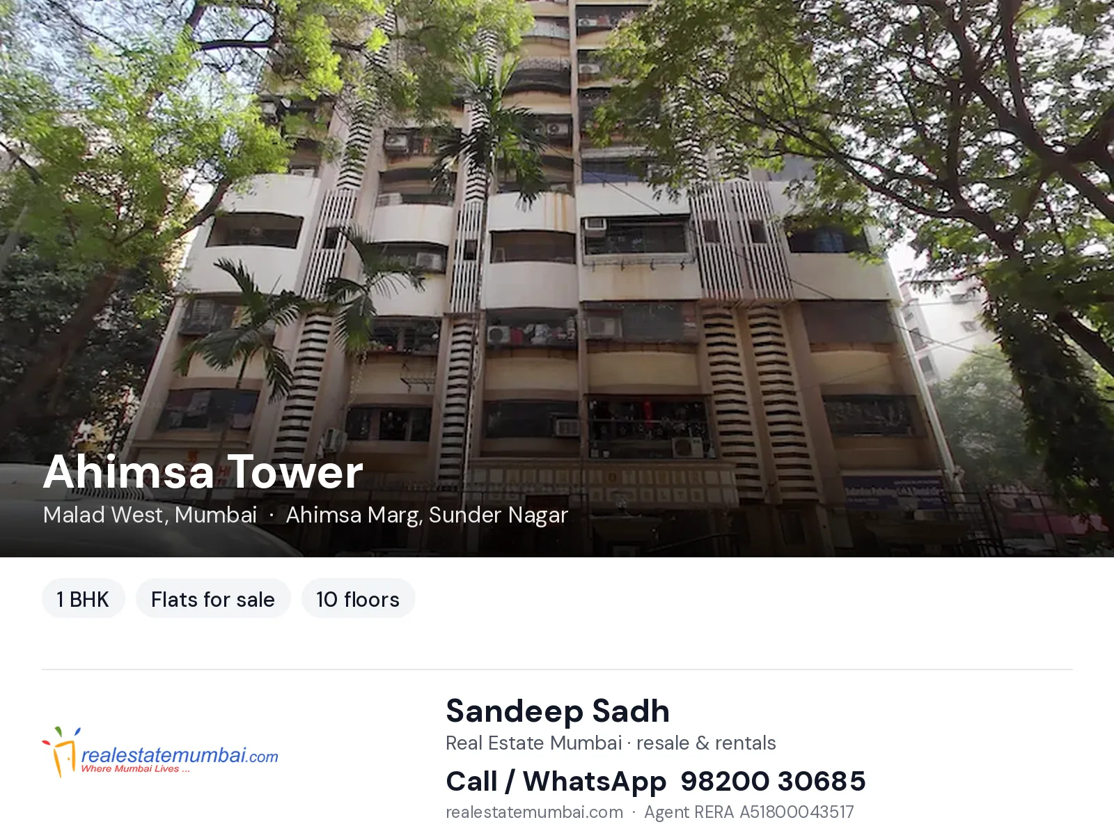 Ahimsa Tower, Malad West, Mumbai — 1 BHK flats for sale | Real Estate Mumbai, Sandeep Sadh 98200 30685