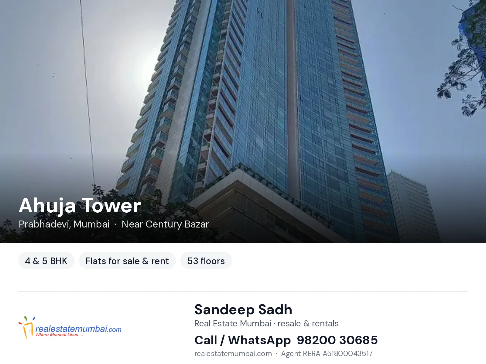 Ahuja Tower, Prabhadevi, Mumbai — 4 & 5 BHK flats for sale & rent | Real Estate Mumbai, Sandeep Sadh 98200 30685