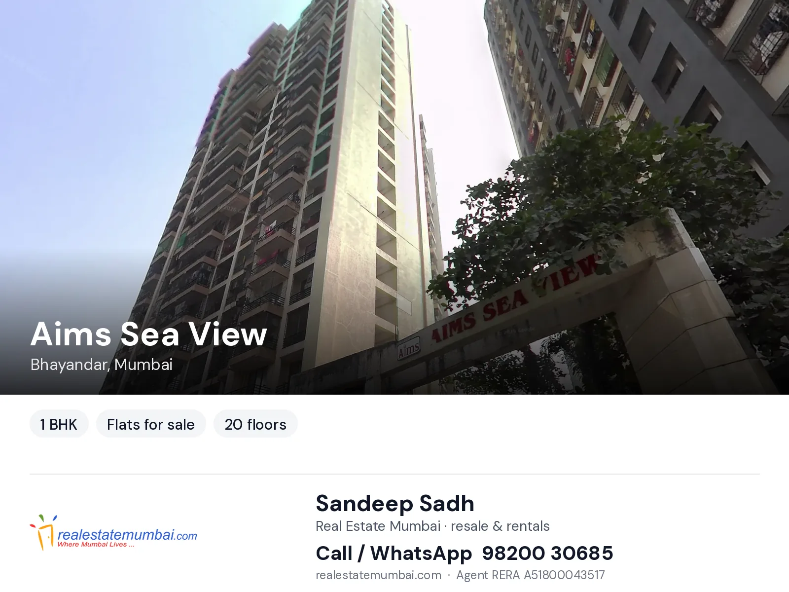 Aims Sea View, Bhayandar, Mumbai — 1 BHK flats for sale | Real Estate Mumbai, Sandeep Sadh 98200 30685