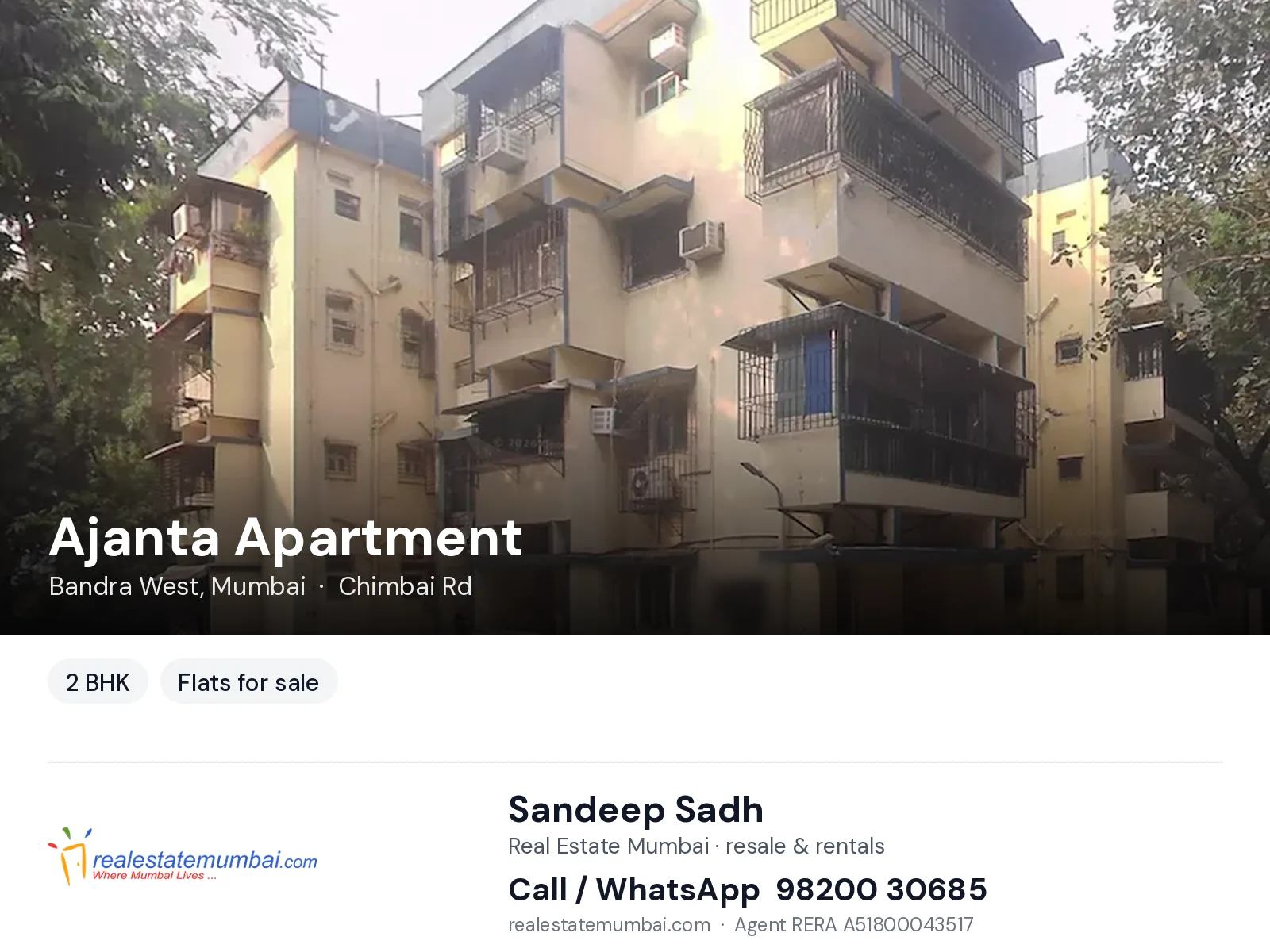 Ajanta Apartment, Bandra West, Mumbai — 2 BHK flats for sale | Real Estate Mumbai, Sandeep Sadh 98200 30685