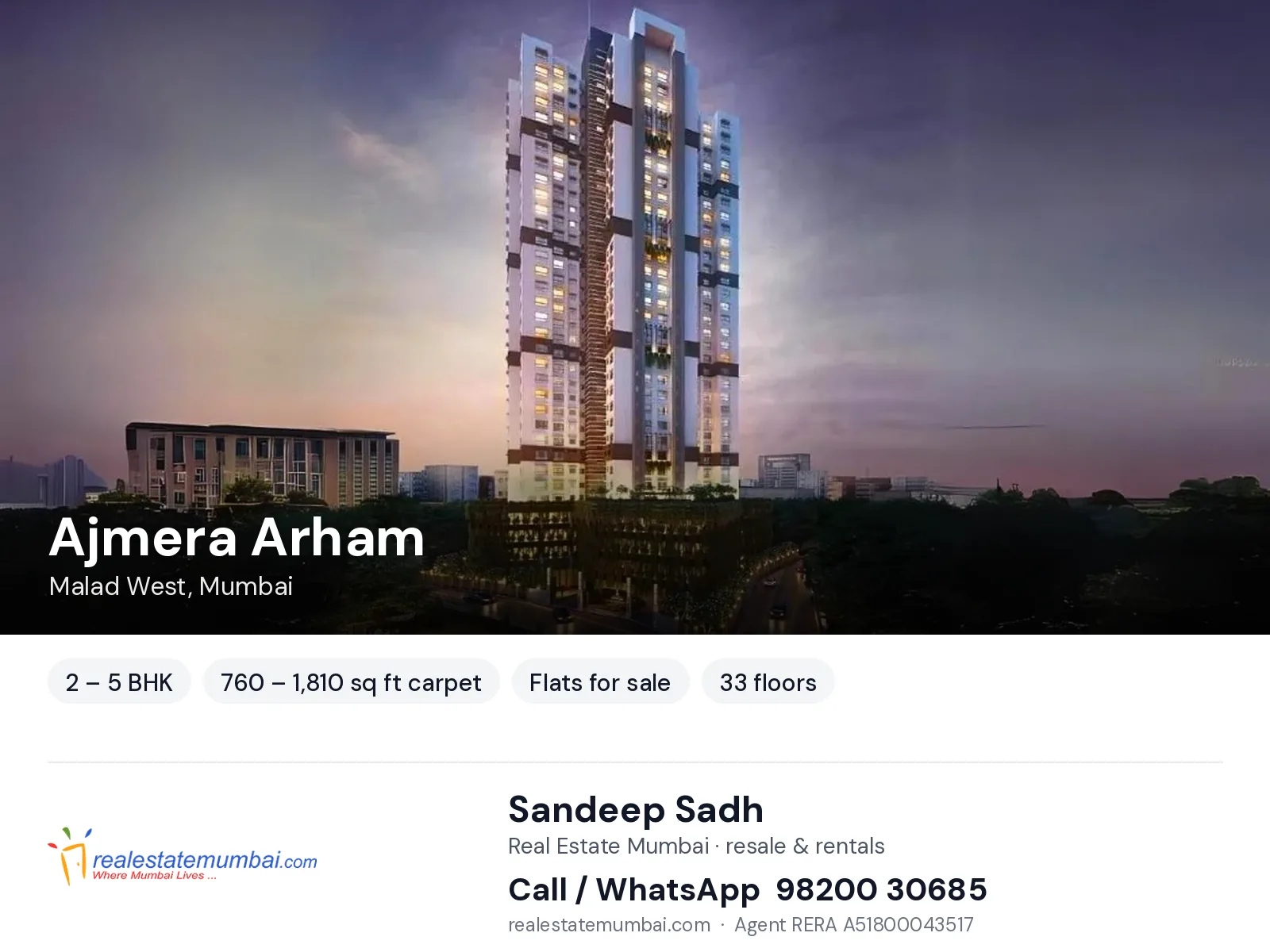 Ajmera Arham, Malad West, Mumbai — 2 – 5 BHK flats for sale | Real Estate Mumbai, Sandeep Sadh 98200 30685