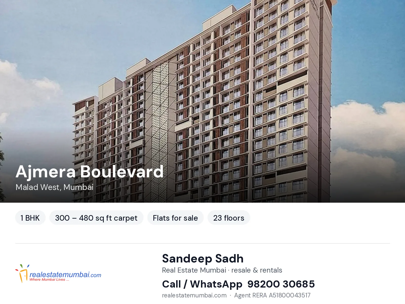 Ajmera Boulevard, Malad West, Mumbai — 1 BHK flats for sale | Real Estate Mumbai, Sandeep Sadh 98200 30685
