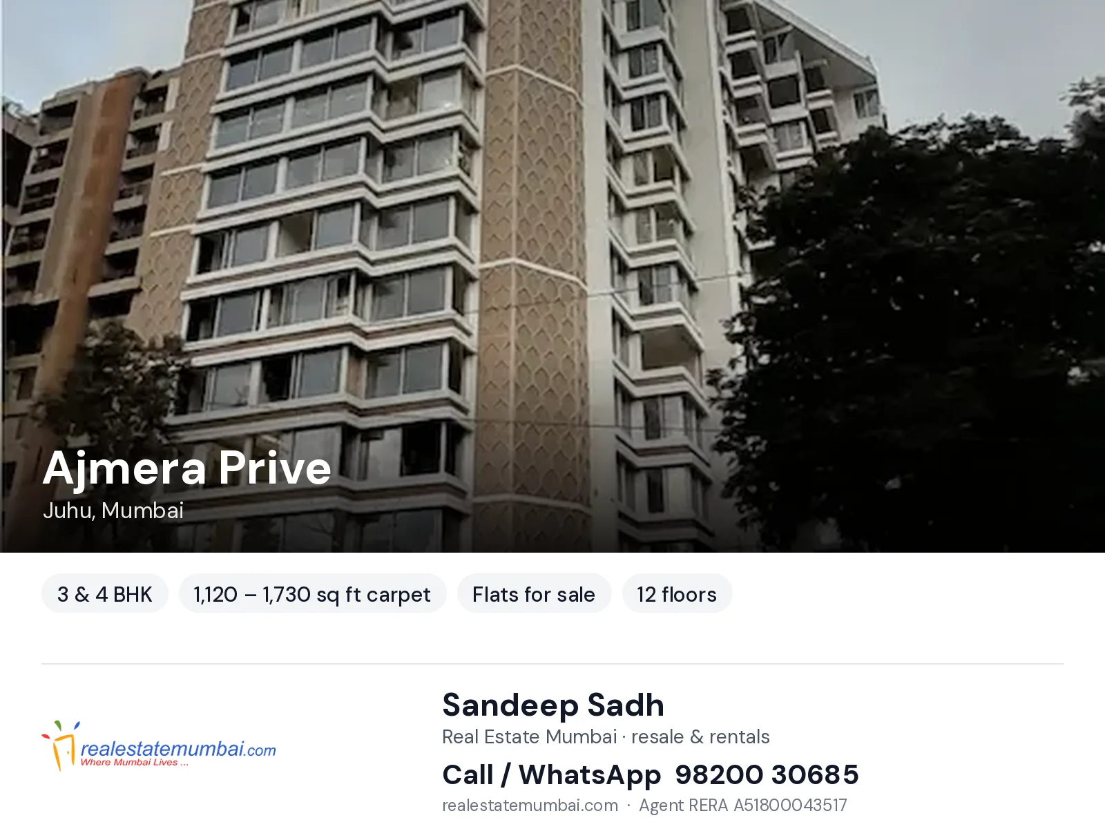 Ajmera Prive, Juhu, Mumbai — 3 & 4 BHK flats for sale | Real Estate Mumbai, Sandeep Sadh 98200 30685