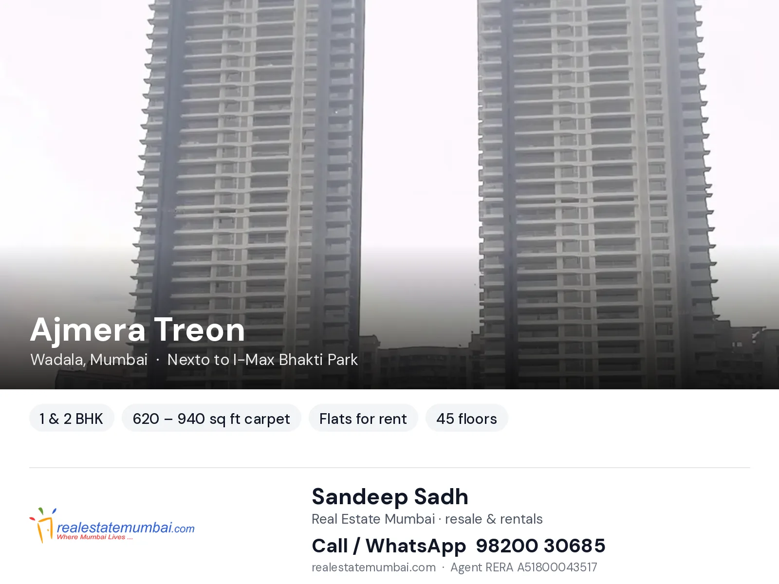 Ajmera Treon, Wadala, Mumbai — 1 & 2 BHK flats for rent | Real Estate Mumbai, Sandeep Sadh 98200 30685