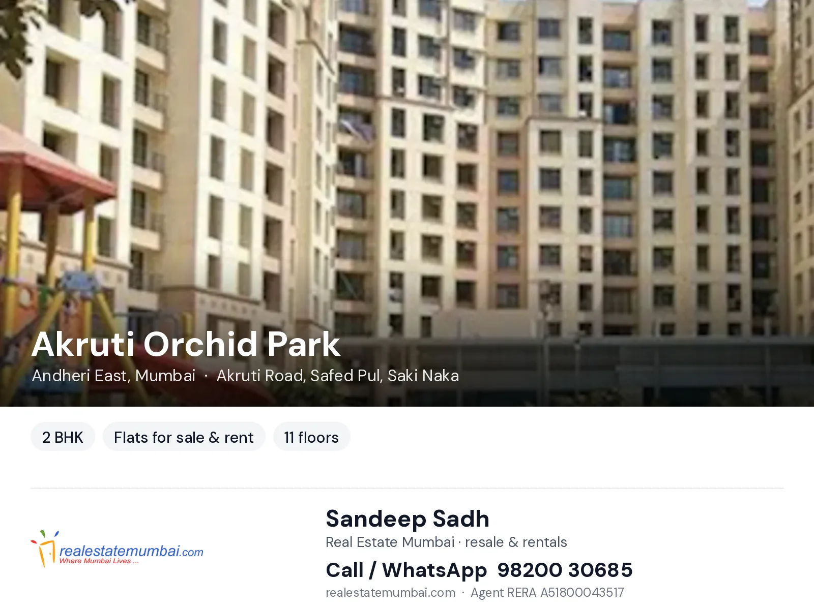 Akruti Orchid Park, Andheri East, Mumbai — 2 BHK flats for sale & rent | Real Estate Mumbai, Sandeep Sadh 98200 30685