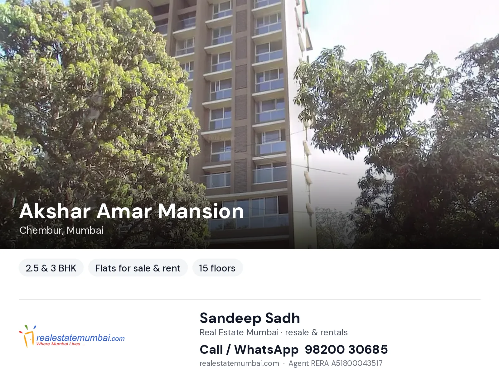 Akshar Amar Mansion, Chembur, Mumbai — 2.5 & 3 BHK flats for sale & rent | Real Estate Mumbai, Sandeep Sadh 98200 30685