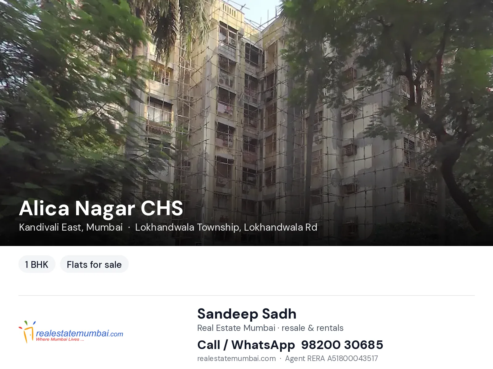 Alica Nagar CHS, Kandivali East, Mumbai — 1 BHK flats for sale | Real Estate Mumbai, Sandeep Sadh 98200 30685