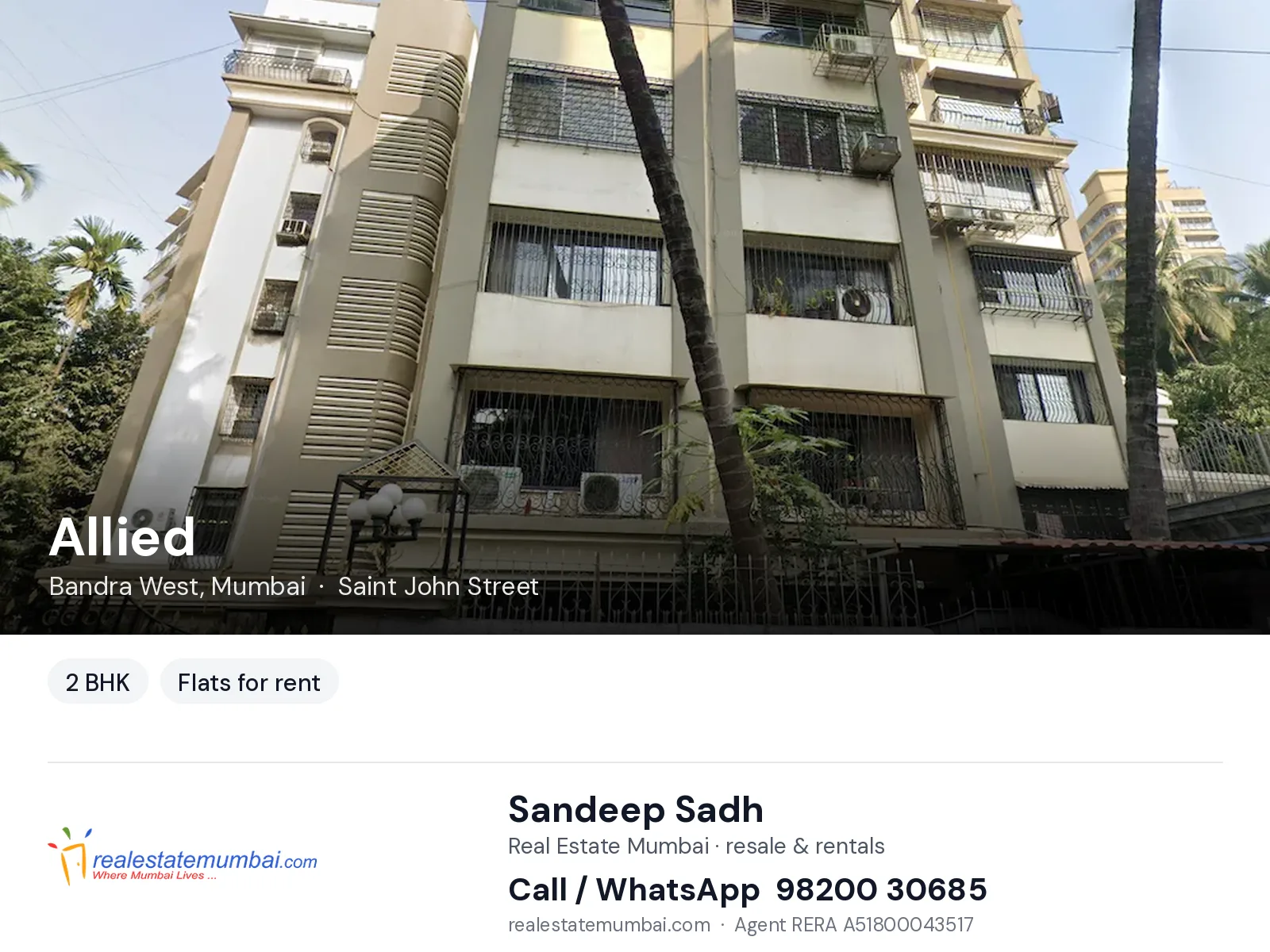 Allied, Bandra West, Mumbai — 2 BHK flats for rent | Real Estate Mumbai, Sandeep Sadh 98200 30685