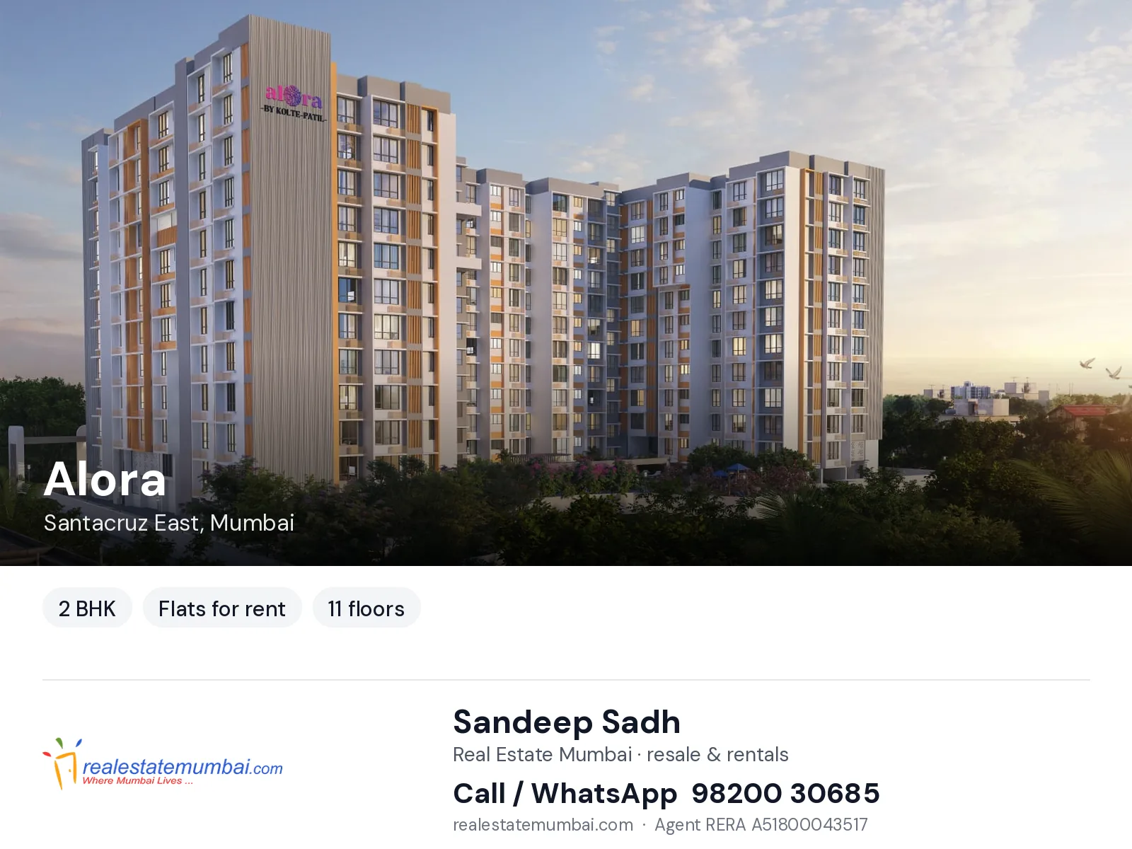Alora, Santacruz East, Mumbai — 2 BHK flats for rent | Real Estate Mumbai, Sandeep Sadh 98200 30685