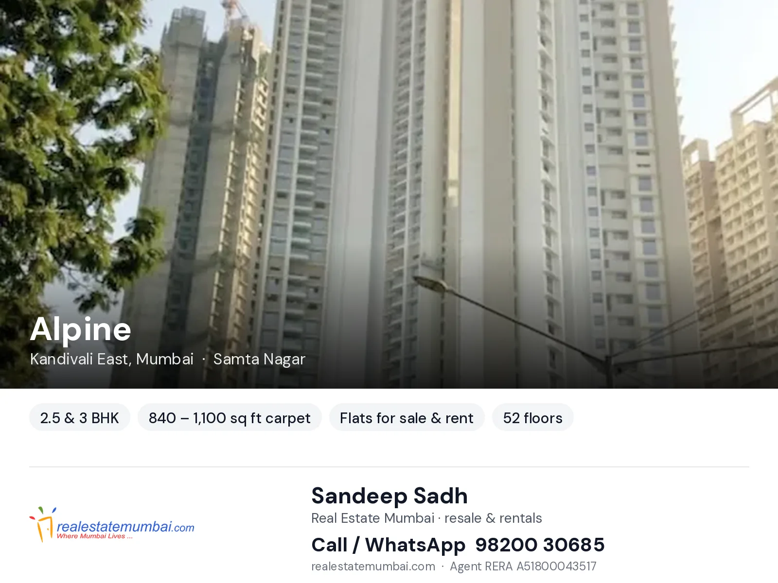 Alpine, Kandivali East, Mumbai — 2.5 & 3 BHK flats for sale & rent | Real Estate Mumbai, Sandeep Sadh 98200 30685