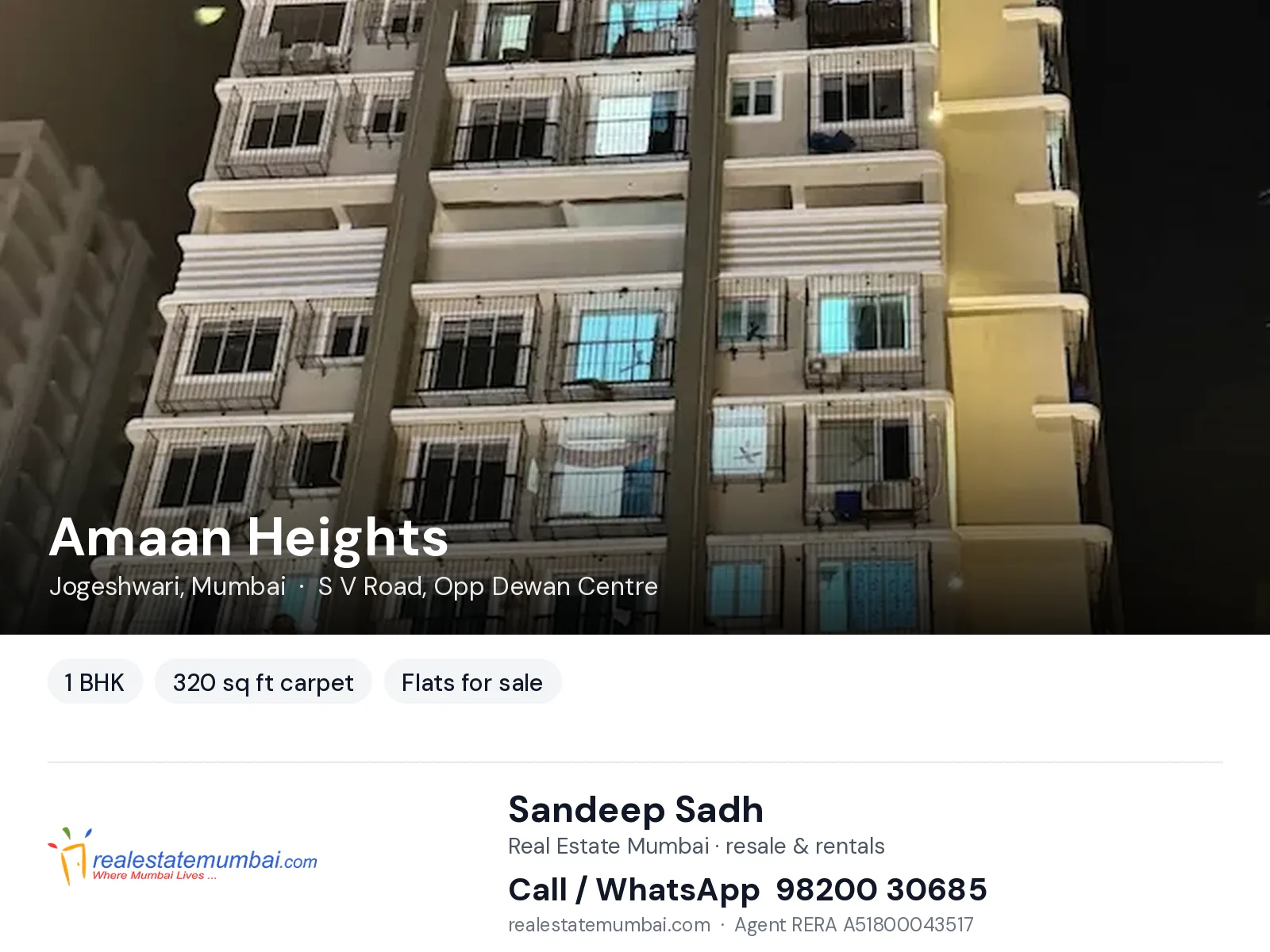 Amaan Heights, Jogeshwari, Mumbai — 1 BHK flats for sale | Real Estate Mumbai, Sandeep Sadh 98200 30685
