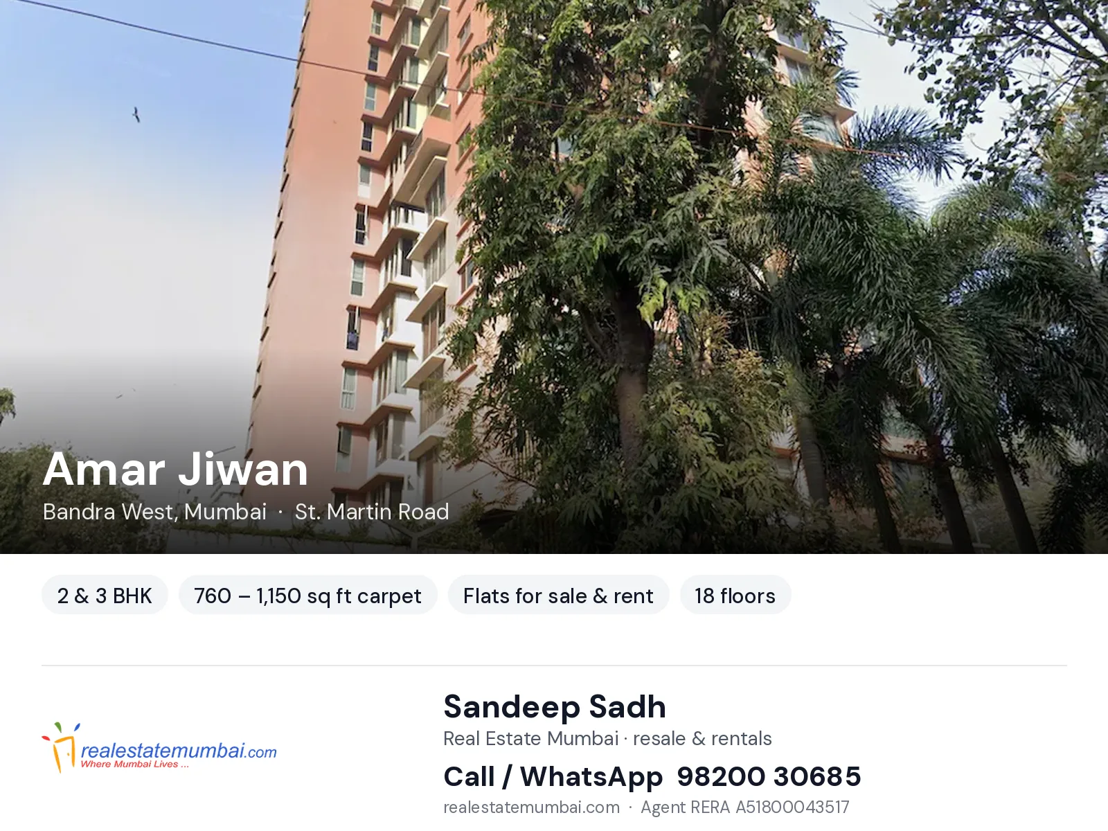 Amar Jiwan, Bandra West, Mumbai — 2 & 3 BHK flats for sale & rent | Real Estate Mumbai, Sandeep Sadh 98200 30685