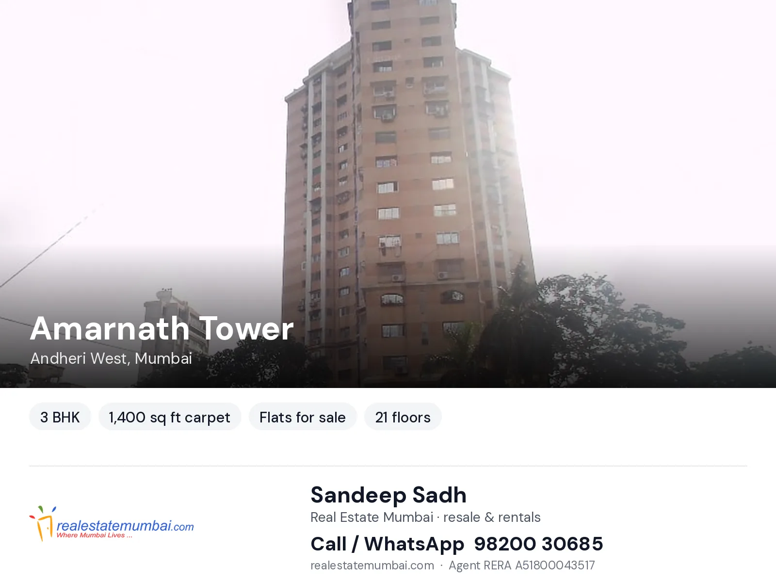 Amarnath Tower, Andheri West, Mumbai — 3 BHK flats for sale | Real Estate Mumbai, Sandeep Sadh 98200 30685