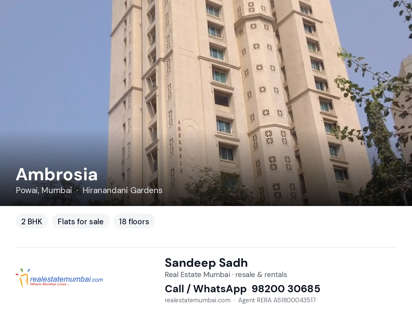 Ambrosia, Powai, Mumbai — 2 BHK flats for sale | Real Estate Mumbai, Sandeep Sadh 98200 30685