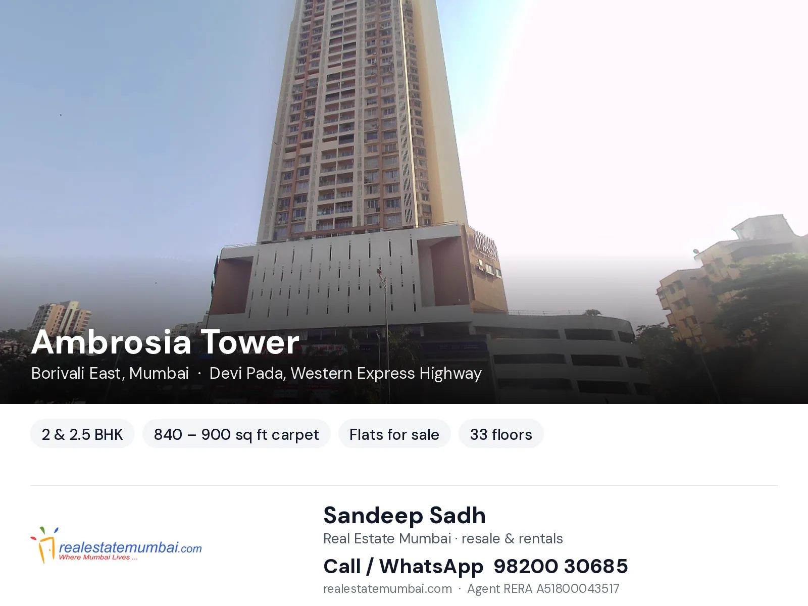 Ambrosia Tower, Borivali East, Mumbai — 2 & 2.5 BHK flats for sale | Real Estate Mumbai, Sandeep Sadh 98200 30685