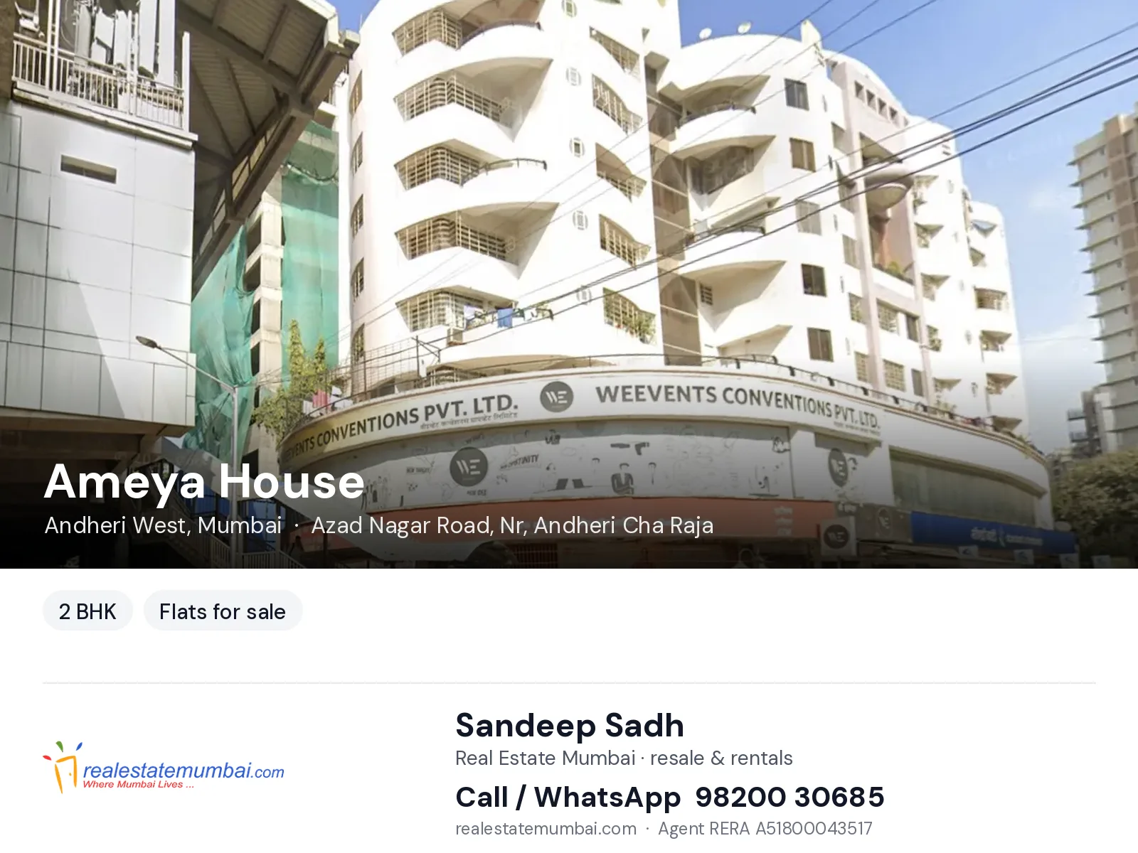 Ameya House, Andheri West, Mumbai — 2 BHK flats for sale | Real Estate Mumbai, Sandeep Sadh 98200 30685