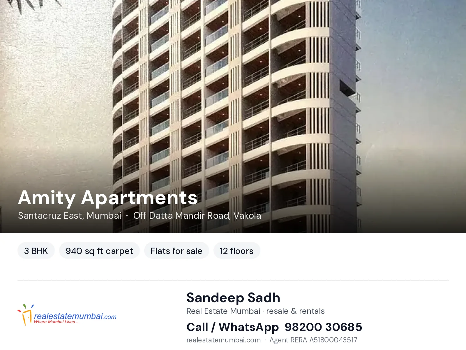 Amity Apartments, Santacruz East, Mumbai — 3 BHK flats for sale | Real Estate Mumbai, Sandeep Sadh 98200 30685