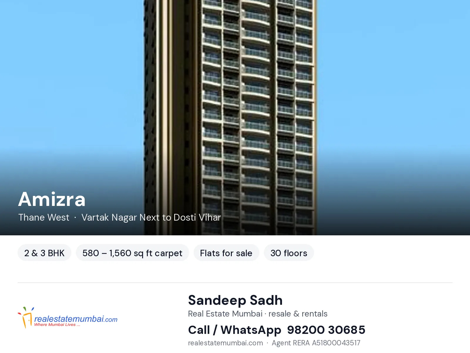 Amizra, Thane West — 2 & 3 BHK flats for sale | Real Estate Mumbai, Sandeep Sadh 98200 30685