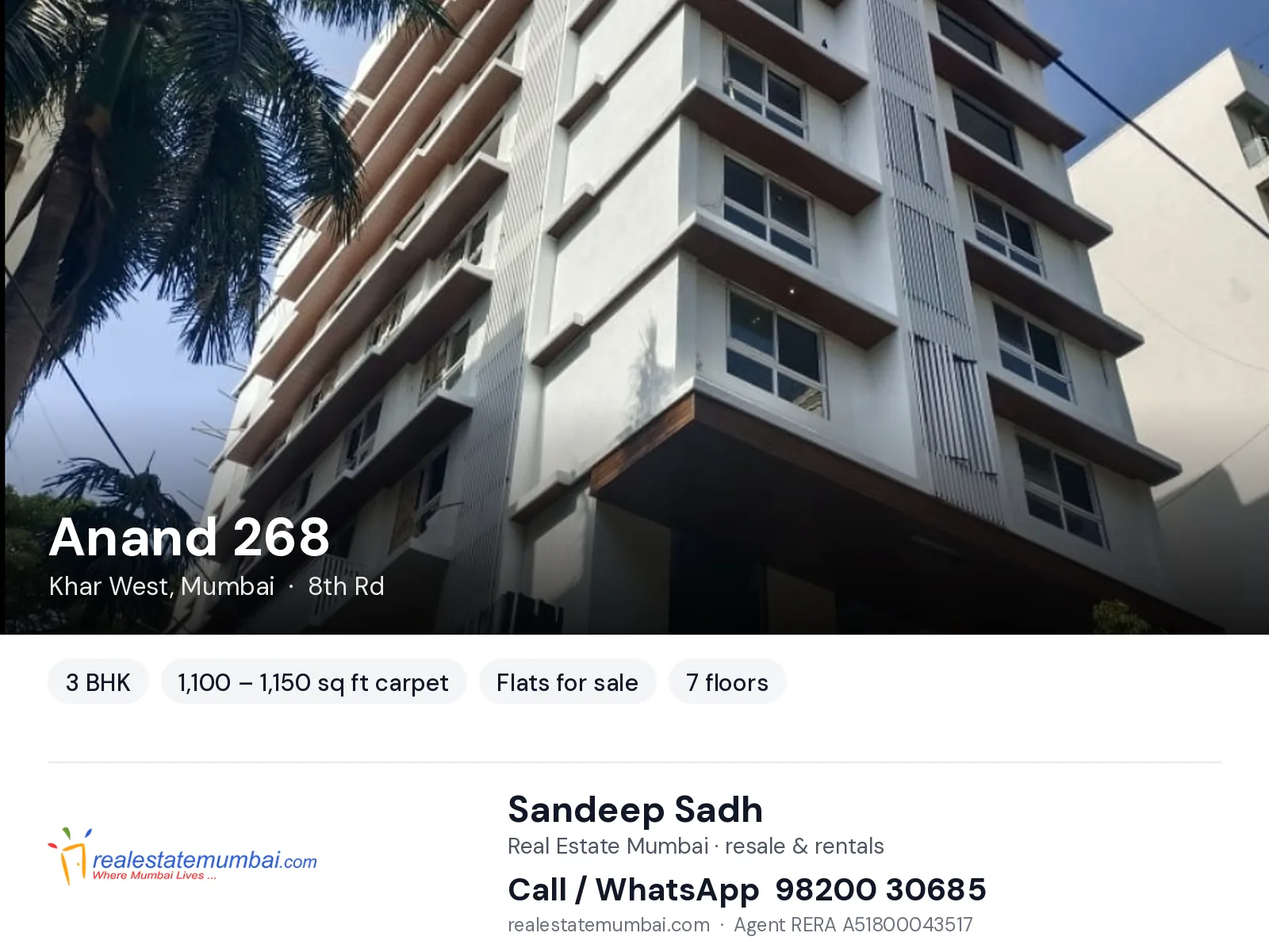 Anand 268, Khar West, Mumbai — 3 BHK flats for sale | Real Estate Mumbai, Sandeep Sadh 98200 30685
