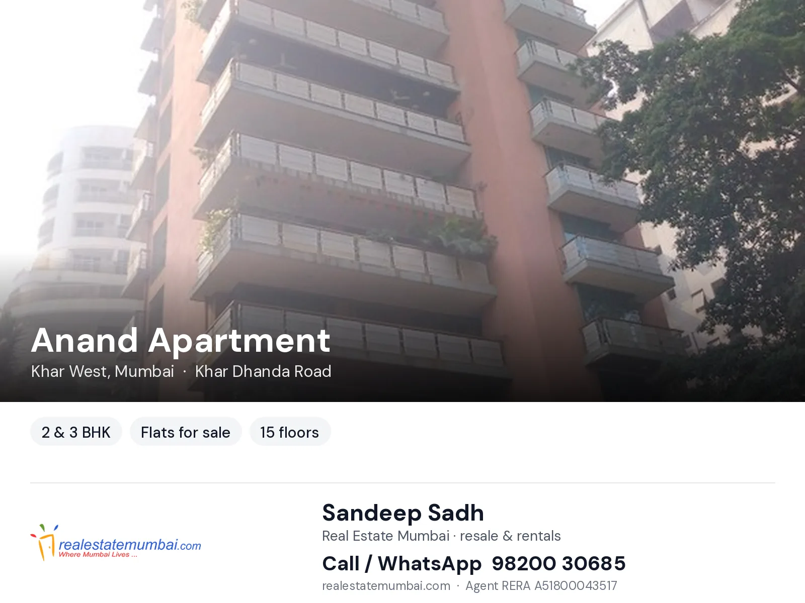 Anand Apartment, Khar West, Mumbai — 2 & 3 BHK flats for sale | Real Estate Mumbai, Sandeep Sadh 98200 30685