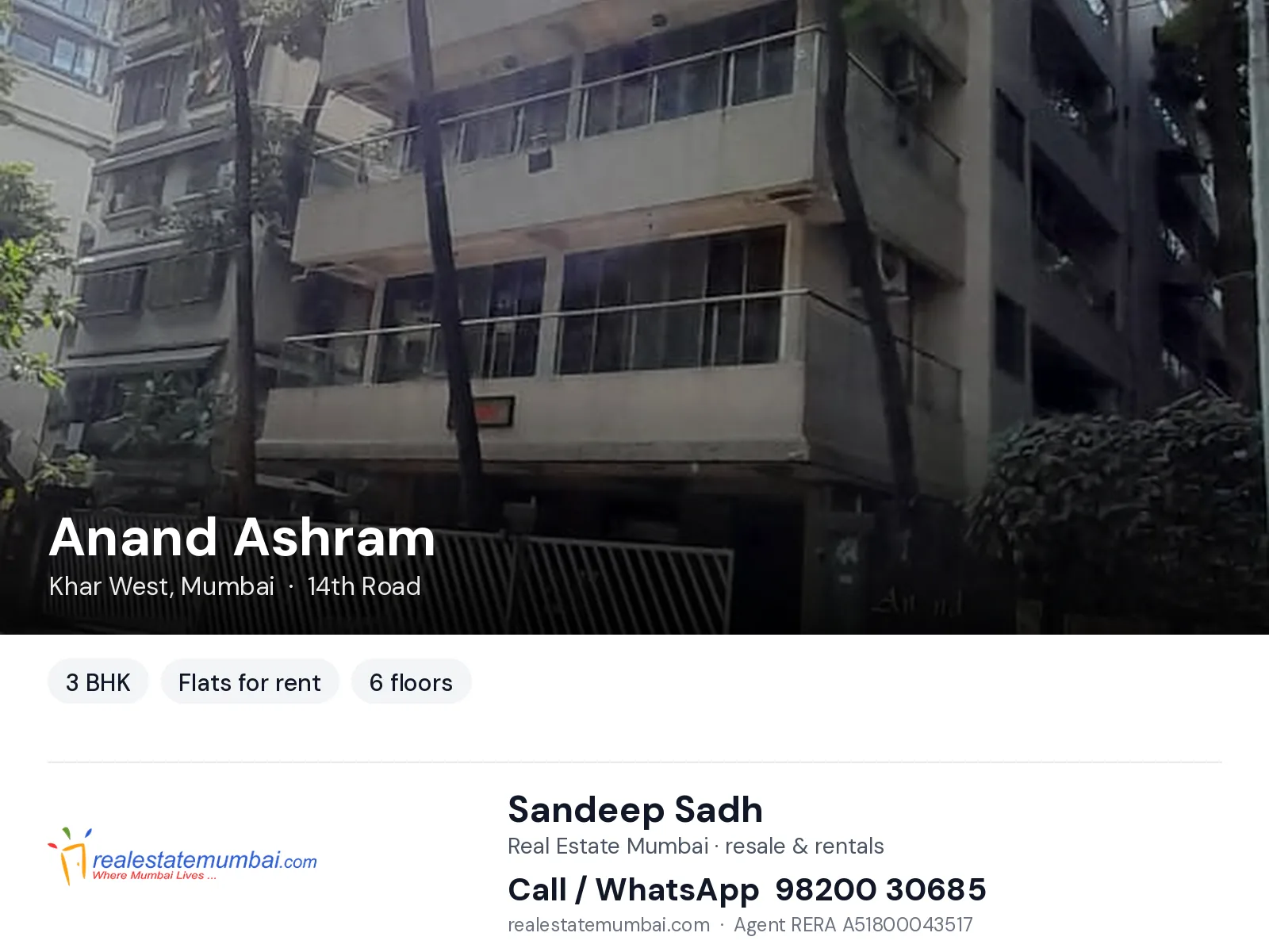 Anand Ashram, Khar West, Mumbai — 3 BHK flats for rent | Real Estate Mumbai, Sandeep Sadh 98200 30685