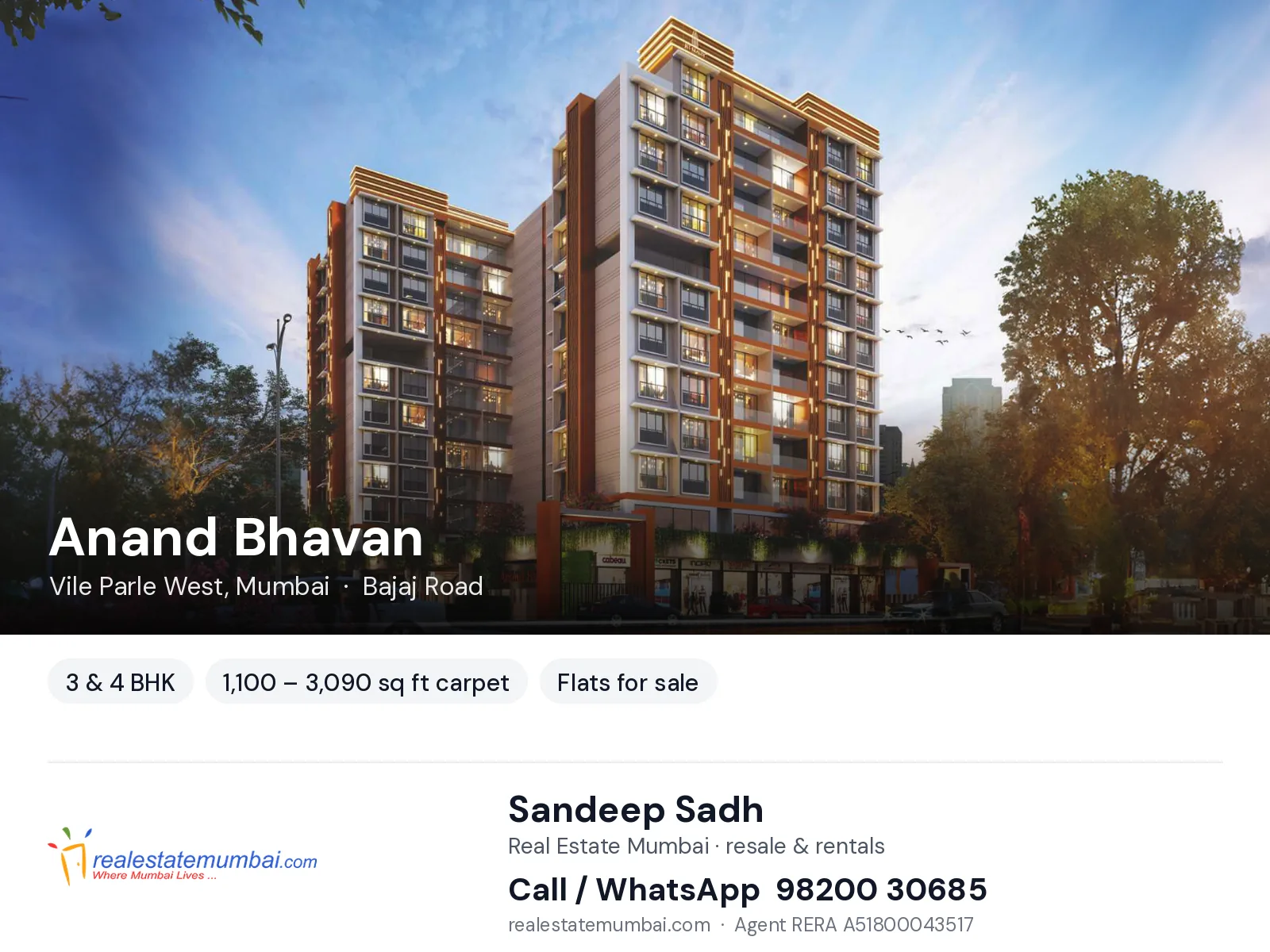 Anand Bhavan, Vile Parle West, Mumbai — 3 & 4 BHK flats for sale | Real Estate Mumbai, Sandeep Sadh 98200 30685