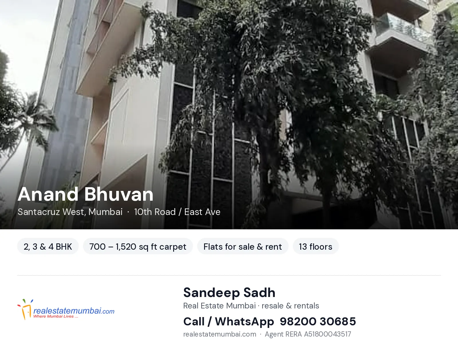 Anand Bhuvan, Santacruz West, Mumbai — 2, 3 & 4 BHK flats for sale & rent | Real Estate Mumbai, Sandeep Sadh 98200 30685