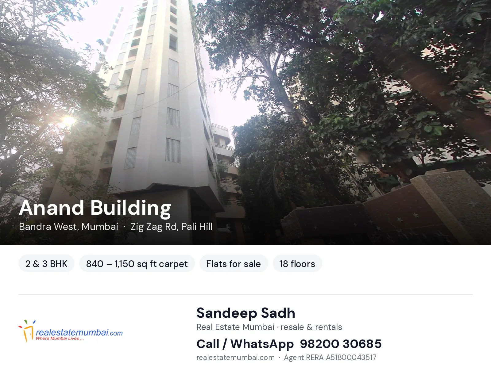 Anand Building, Bandra West, Mumbai — 2 & 3 BHK flats for sale | Real Estate Mumbai, Sandeep Sadh 98200 30685