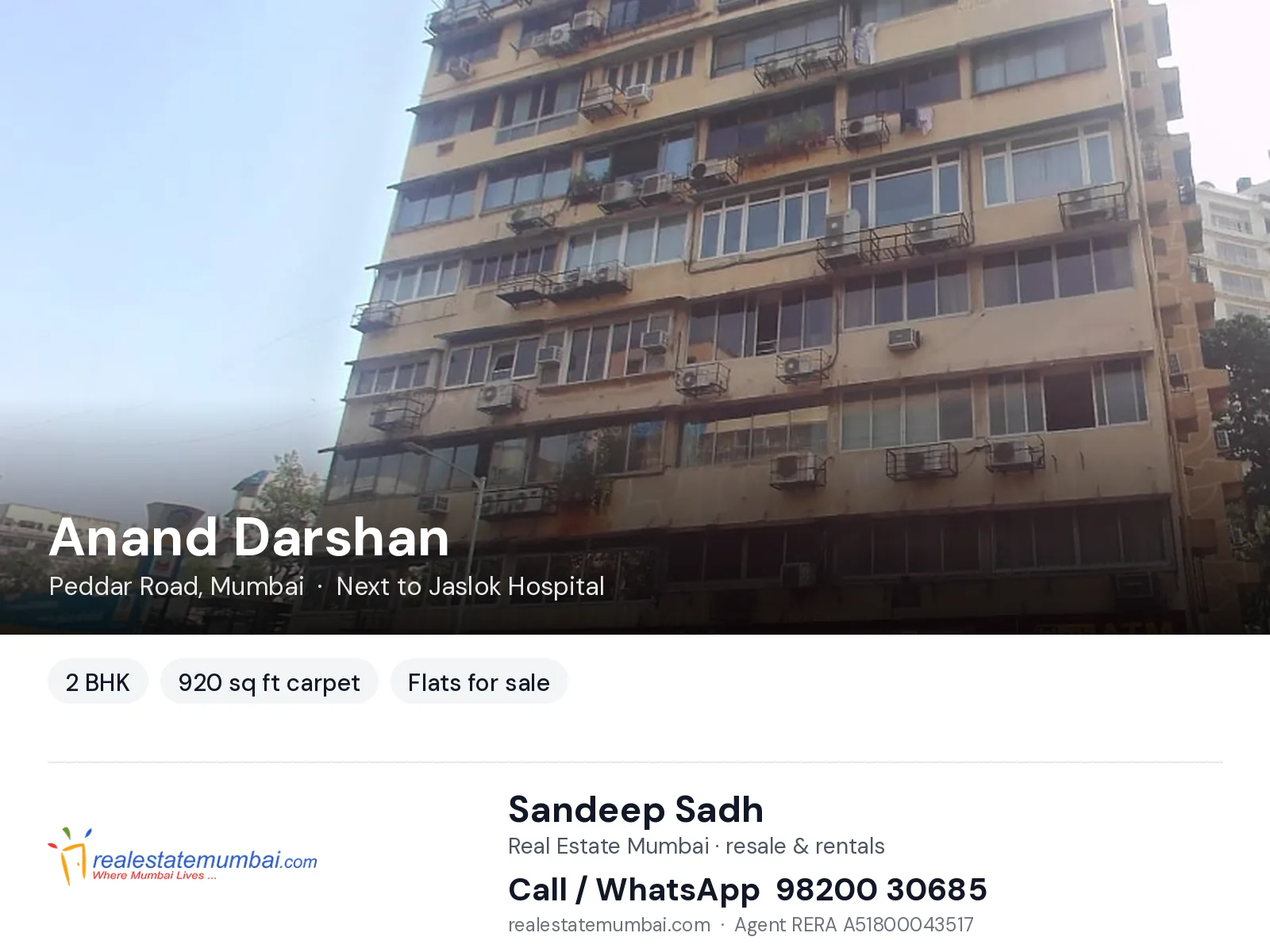 Anand Darshan, Peddar Road, Mumbai — 2 BHK flats for sale | Real Estate Mumbai, Sandeep Sadh 98200 30685