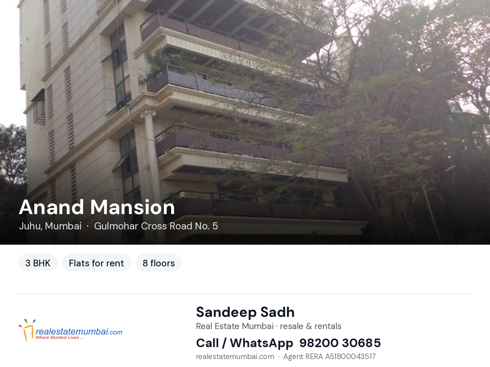 Anand Mansion, Juhu, Mumbai — 3 BHK flats for rent | Real Estate Mumbai, Sandeep Sadh 98200 30685