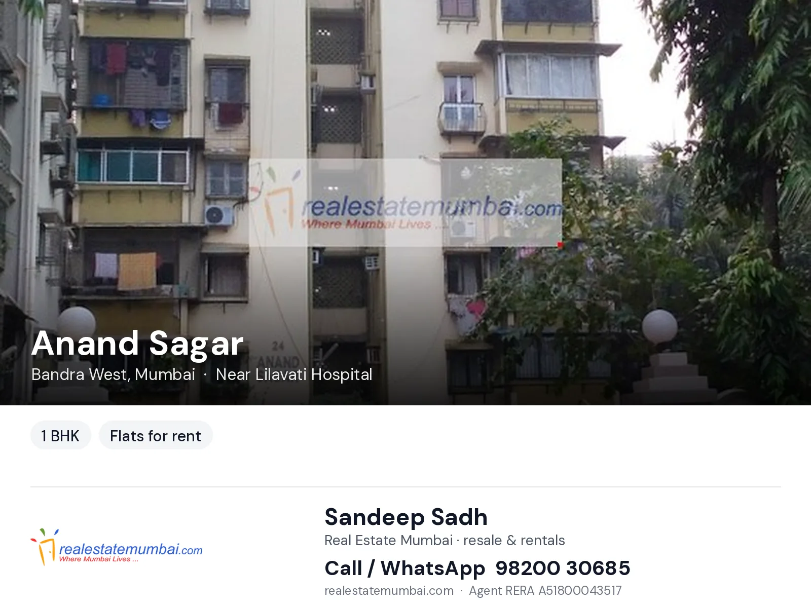 Anand Sagar, Bandra West, Mumbai — 1 BHK flats for rent | Real Estate Mumbai, Sandeep Sadh 98200 30685