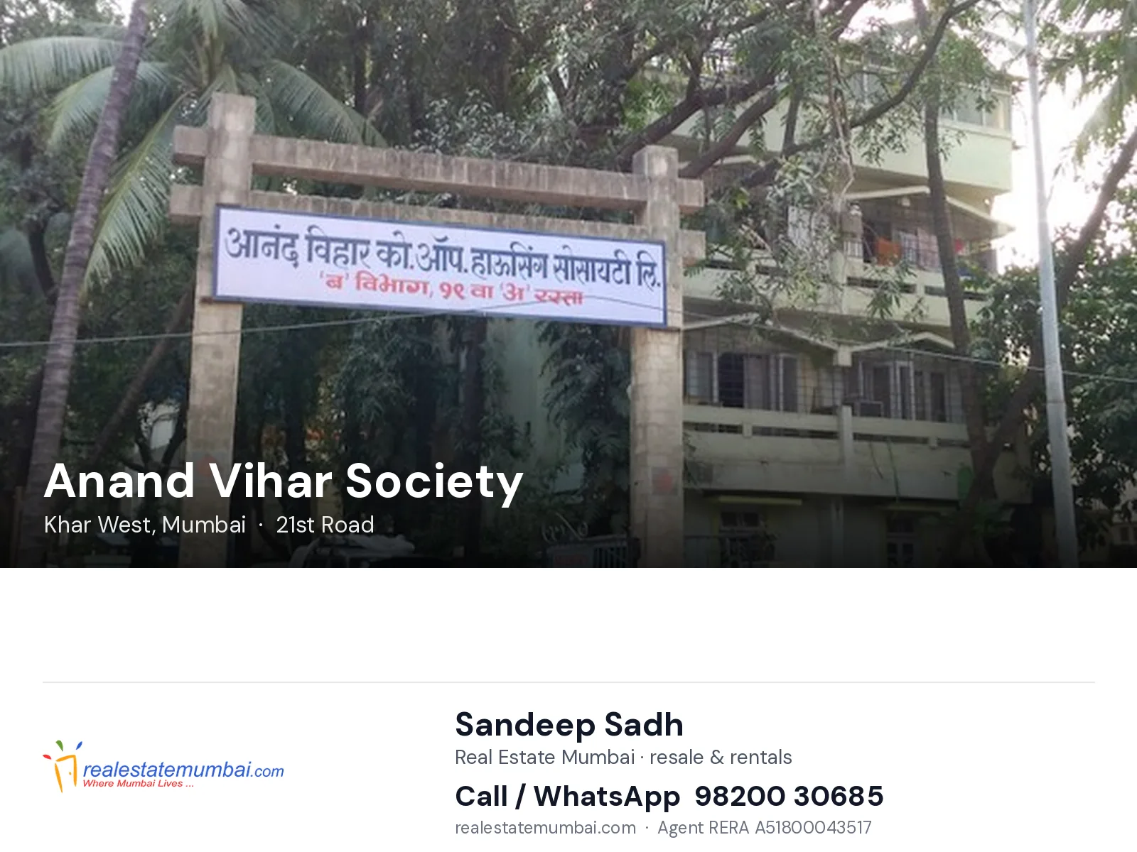 Anand Vihar Society, Khar West, Mumbai — flats | Real Estate Mumbai, Sandeep Sadh 98200 30685