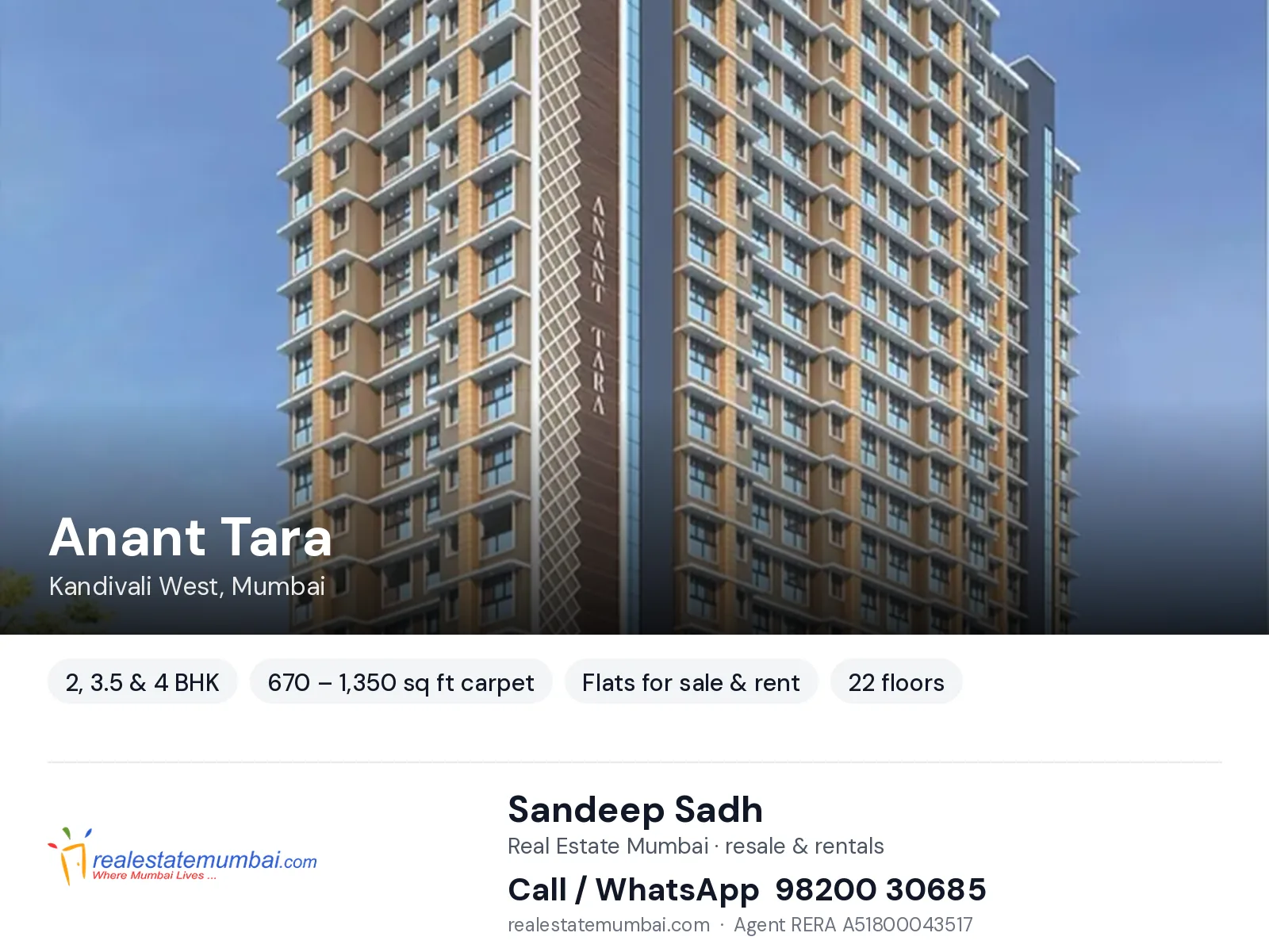 Anant Tara, Kandivali West, Mumbai — 2, 3.5 & 4 BHK flats for sale & rent | Real Estate Mumbai, Sandeep Sadh 98200 30685