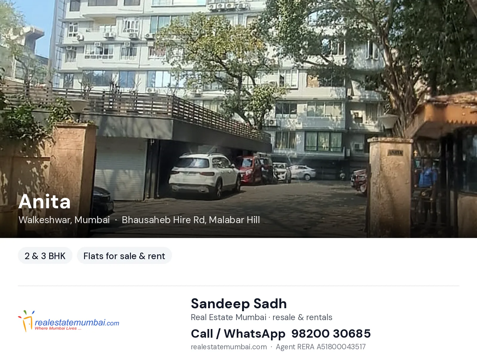 Anita, Walkeshwar, Mumbai — 2 & 3 BHK flats for sale & rent | Real Estate Mumbai, Sandeep Sadh 98200 30685