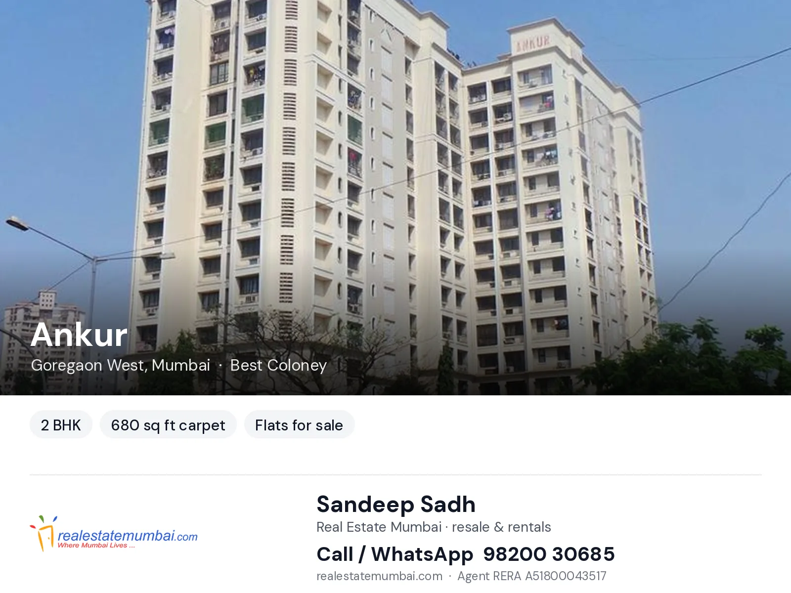 Ankur, Goregaon West, Mumbai — 2 BHK flats for sale | Real Estate Mumbai, Sandeep Sadh 98200 30685
