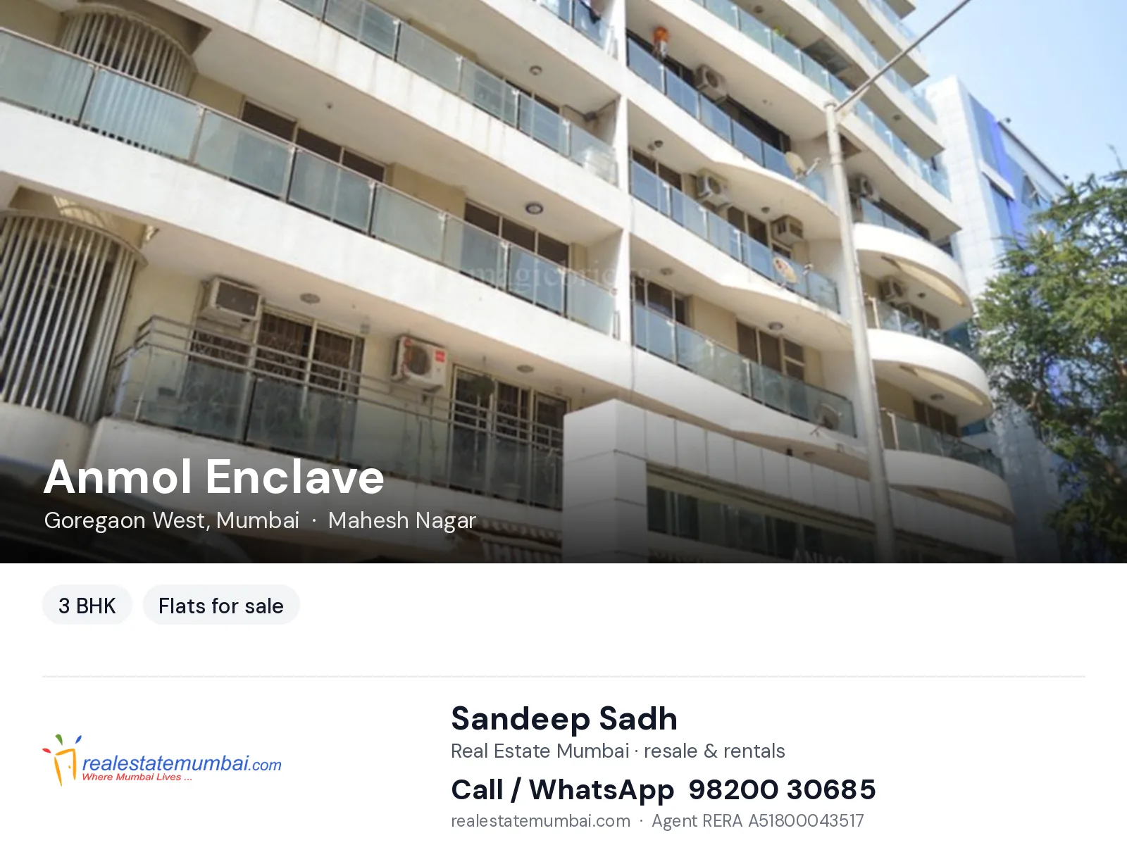 Anmol Enclave, Goregaon West, Mumbai — 3 BHK flats for sale | Real Estate Mumbai, Sandeep Sadh 98200 30685
