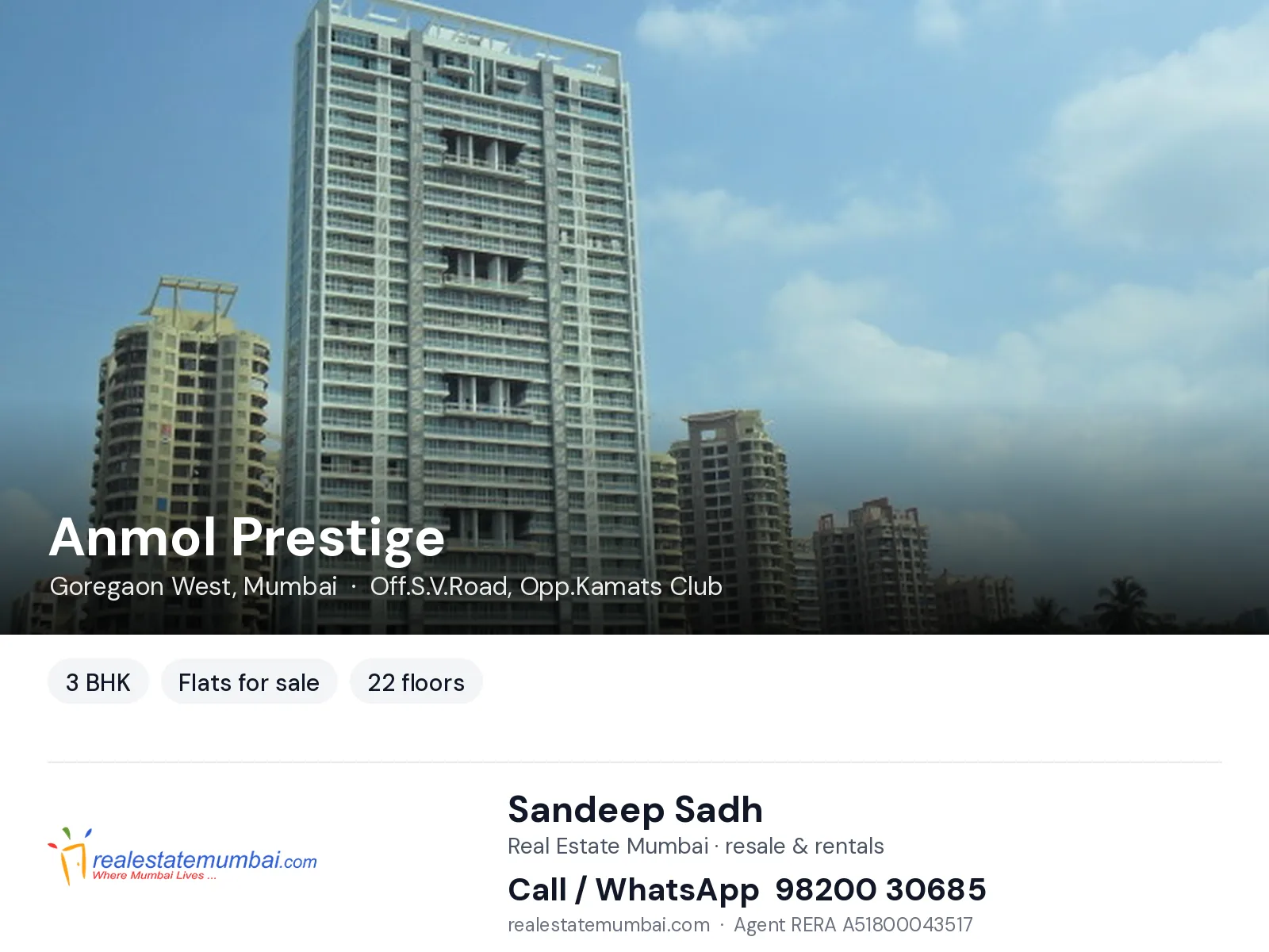 Anmol Prestige, Goregaon West, Mumbai — 3 BHK flats for sale | Real Estate Mumbai, Sandeep Sadh 98200 30685