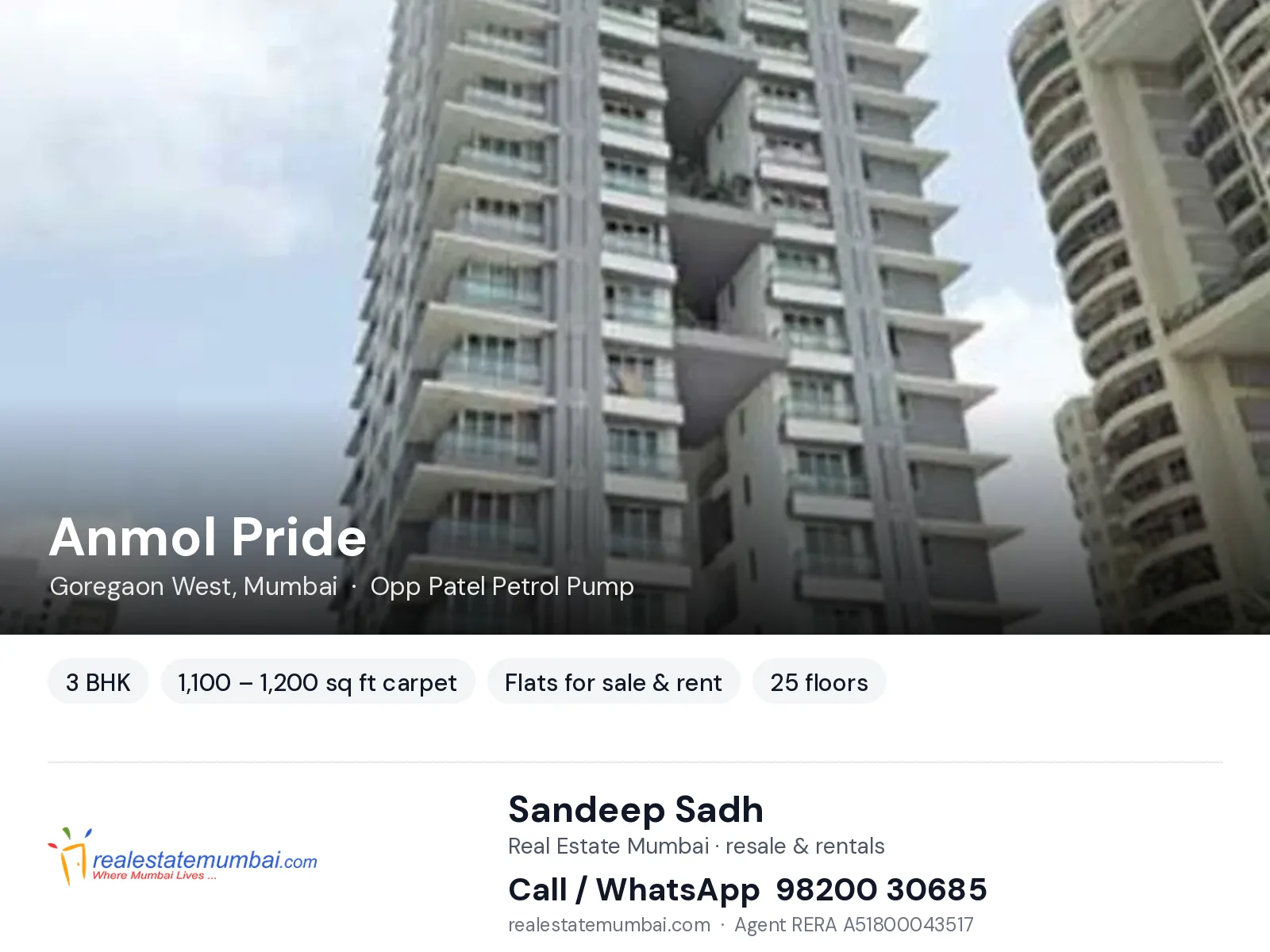Anmol Pride, Goregaon West, Mumbai — 3 BHK flats for sale & rent | Real Estate Mumbai, Sandeep Sadh 98200 30685