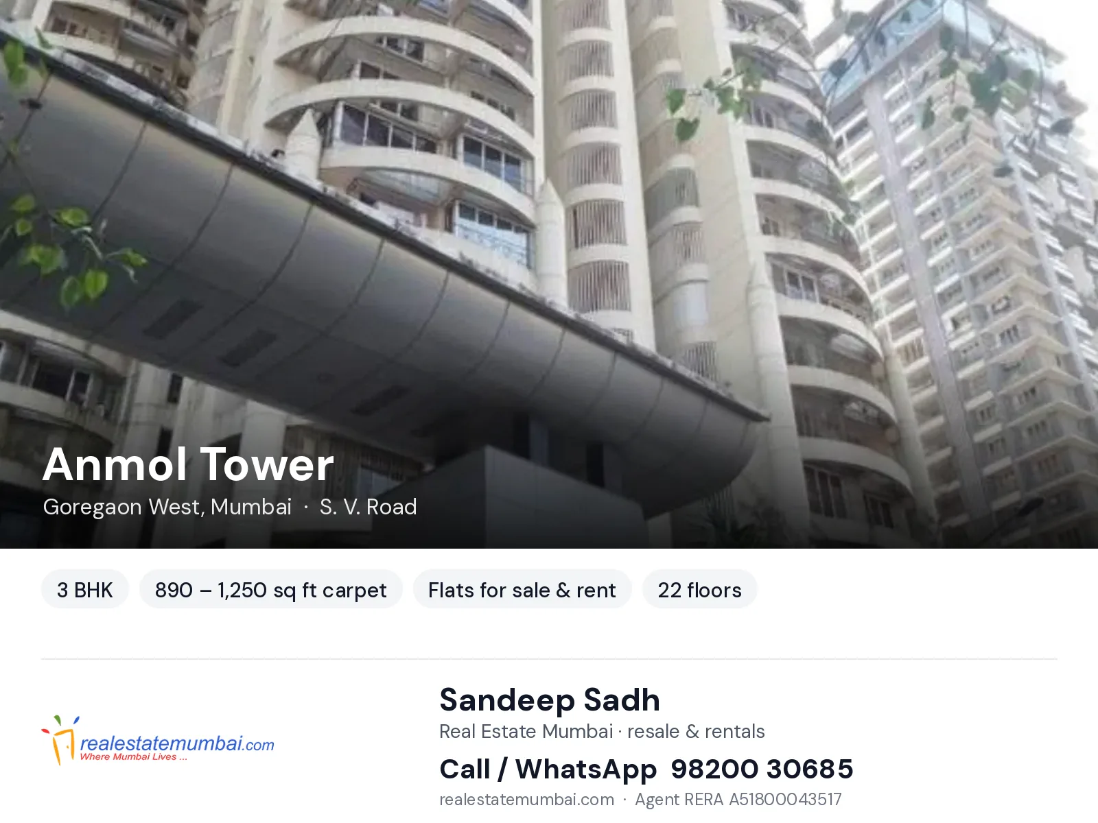 Anmol Tower, Goregaon West, Mumbai — 3 BHK flats for sale & rent | Real Estate Mumbai, Sandeep Sadh 98200 30685