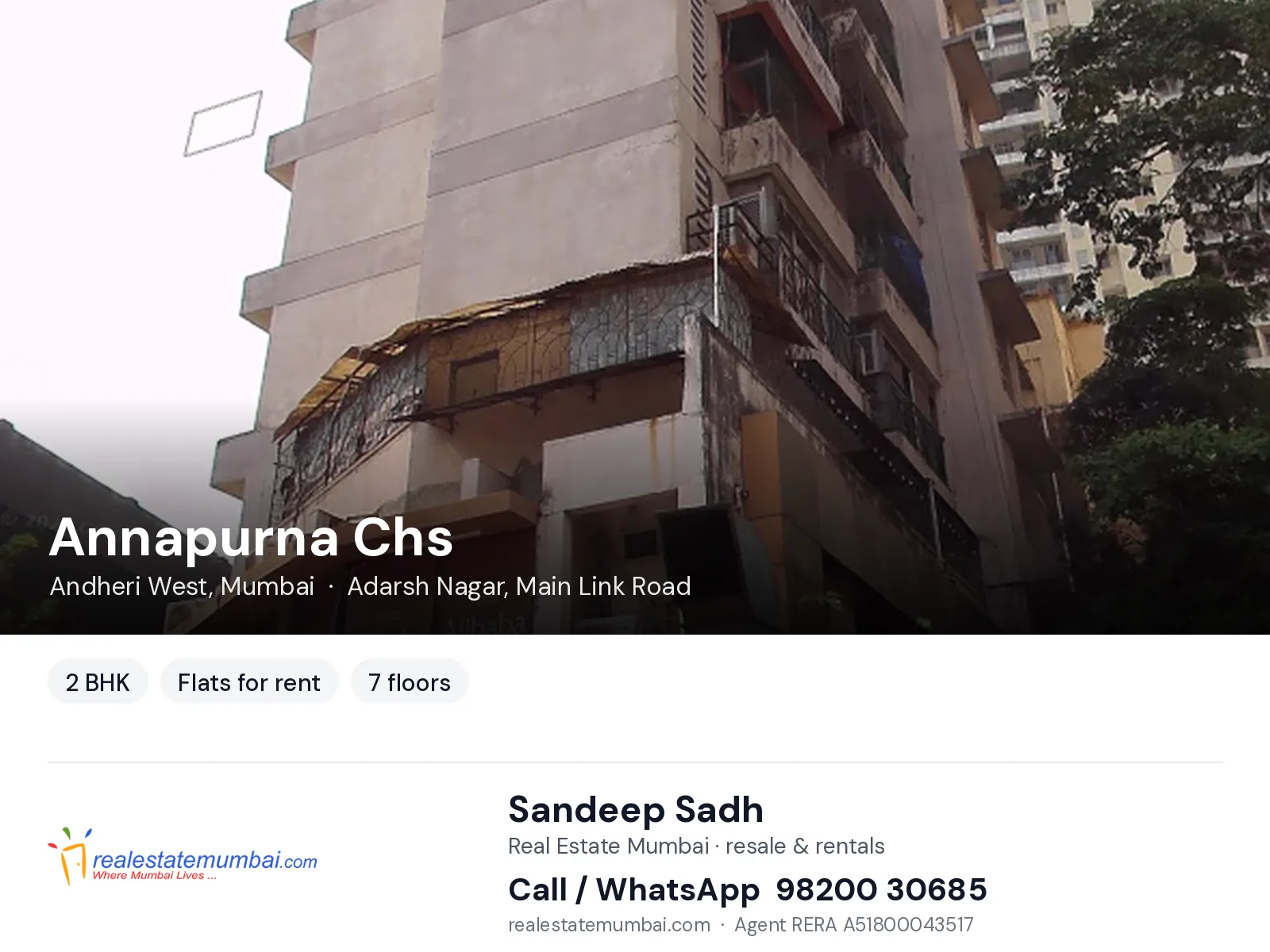 Annapurna Chs, Andheri West, Mumbai — 2 BHK flats for rent | Real Estate Mumbai, Sandeep Sadh 98200 30685