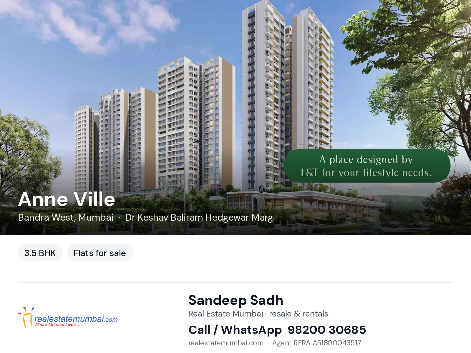 Anne Ville, Bandra West, Mumbai — 3.5 BHK flats for sale | Real Estate Mumbai, Sandeep Sadh 98200 30685