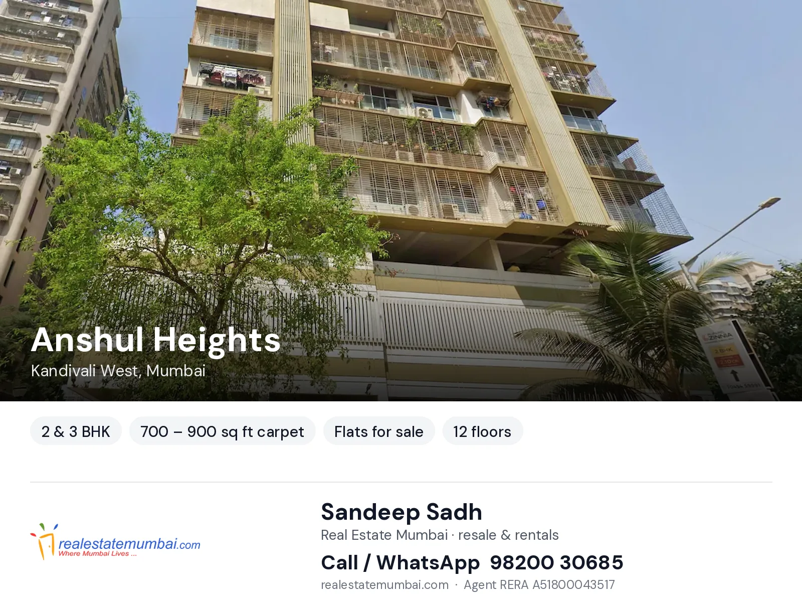 Anshul Heights, Kandivali West, Mumbai — 2 & 3 BHK flats for sale | Real Estate Mumbai, Sandeep Sadh 98200 30685