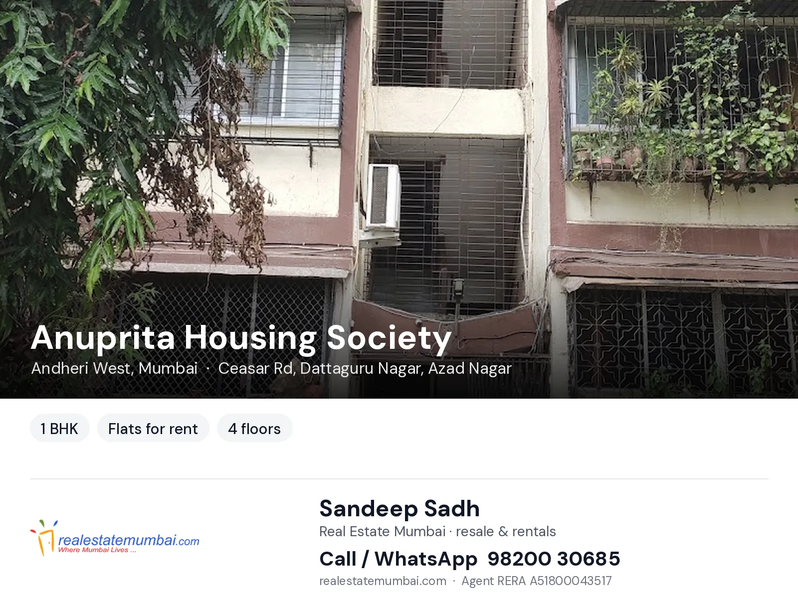Anuprita Housing Society, Andheri West, Mumbai — 1 BHK flats for rent | Real Estate Mumbai, Sandeep Sadh 98200 30685