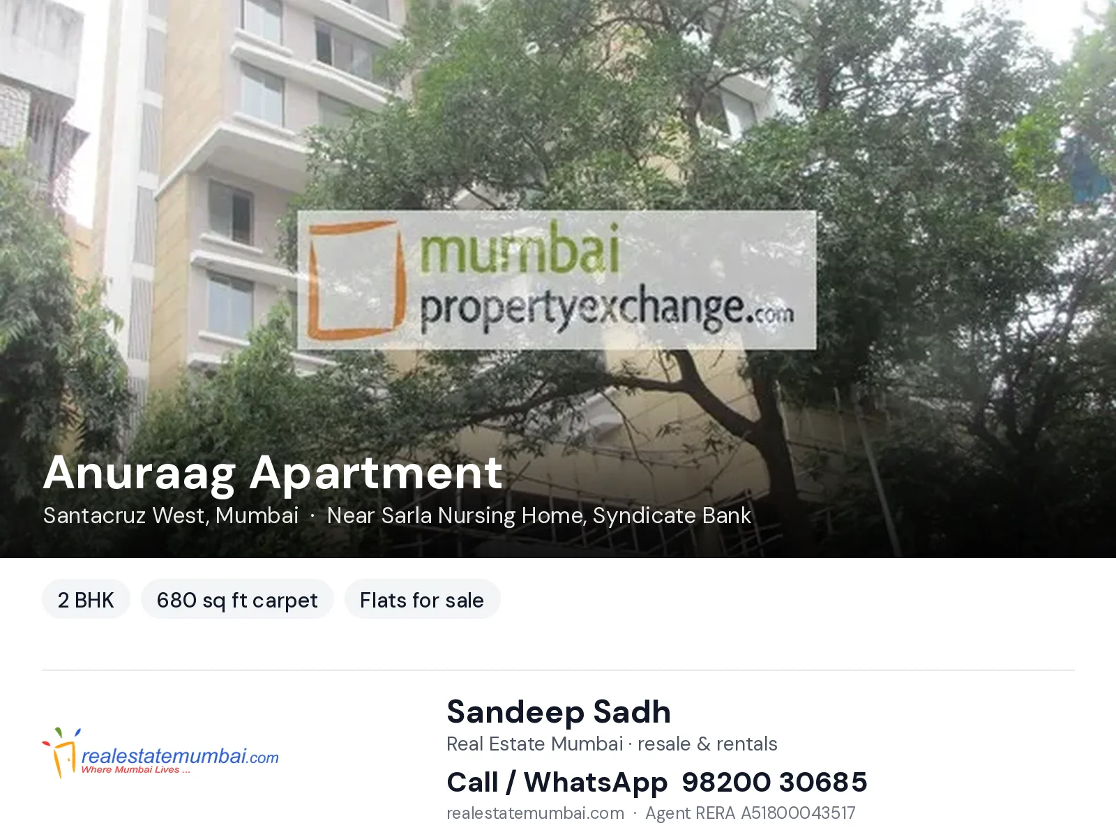 Anuraag Apartment, Santacruz West, Mumbai — 2 BHK flats for sale | Real Estate Mumbai, Sandeep Sadh 98200 30685