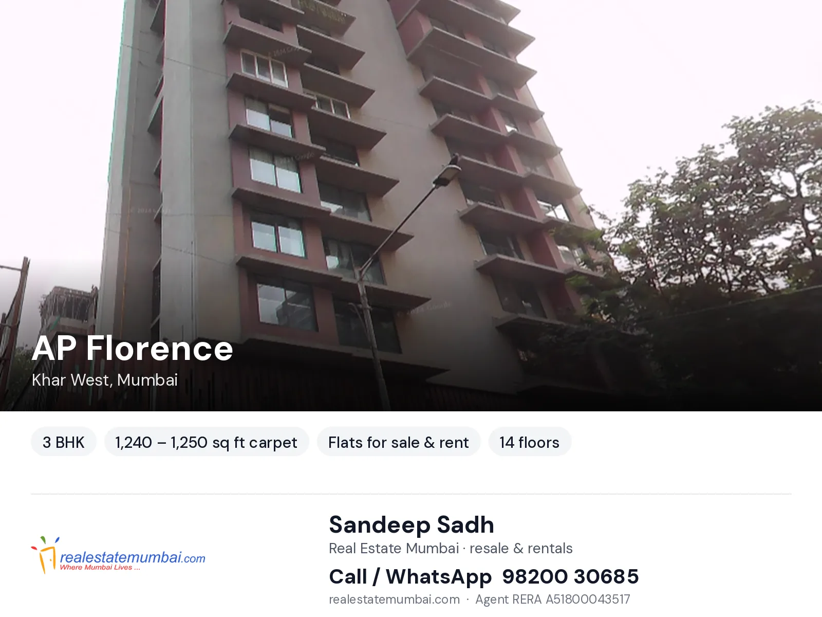 AP Florence, Khar West, Mumbai — 3 BHK flats for sale & rent | Real Estate Mumbai, Sandeep Sadh 98200 30685