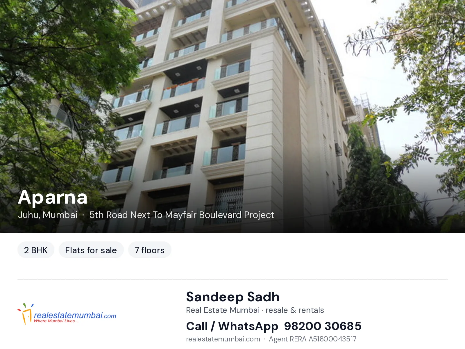Aparna, Juhu, Mumbai — 2 BHK flats for sale | Real Estate Mumbai, Sandeep Sadh 98200 30685