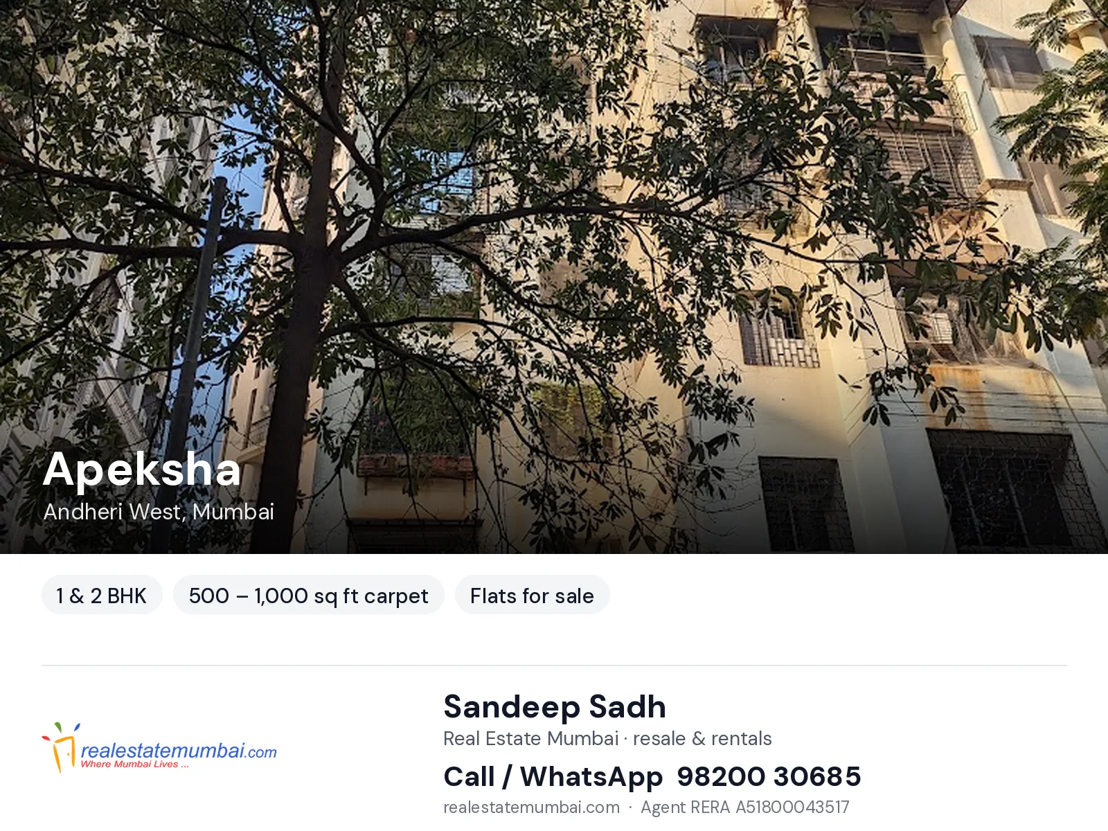 Apeksha, Andheri West, Mumbai — 1 & 2 BHK flats for sale | Real Estate Mumbai, Sandeep Sadh 98200 30685